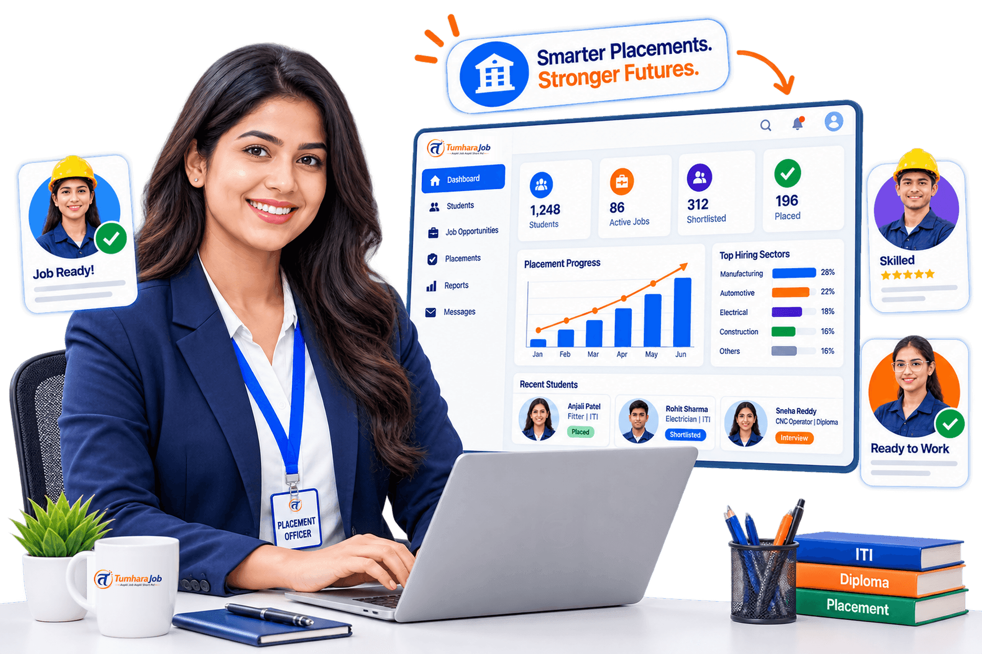 Placement officer using the TumharaJob institute dashboard to track student placements
