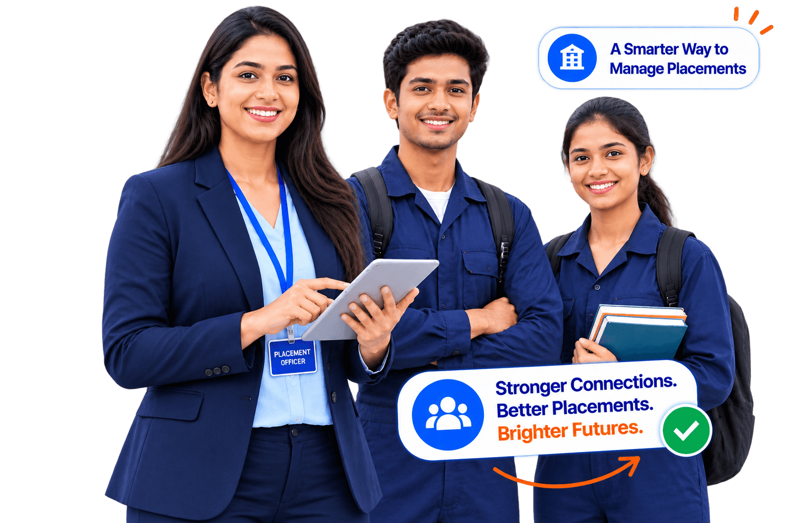 Placement officer with a tablet alongside two ITI students in uniform