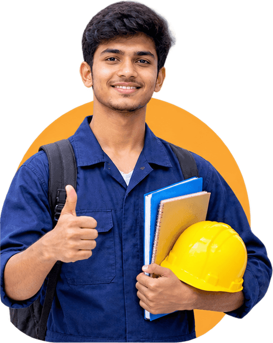 ITI trainee holding a hard hat and study books, giving a thumbs up